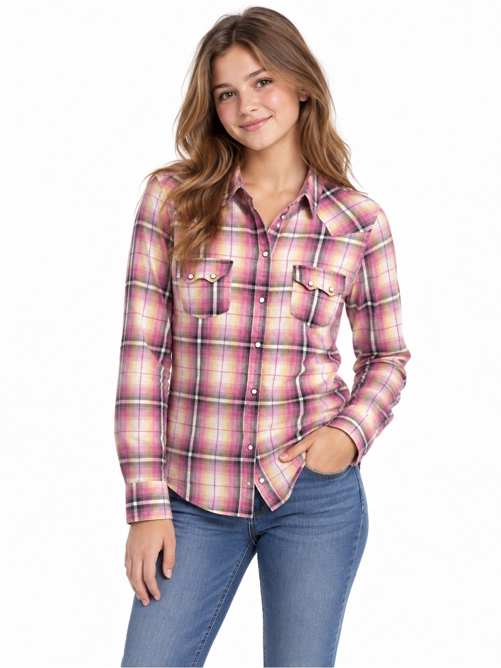 Mossimo Supply Co Pink Plaid Western Pearl Snap Shirt Women’s XL